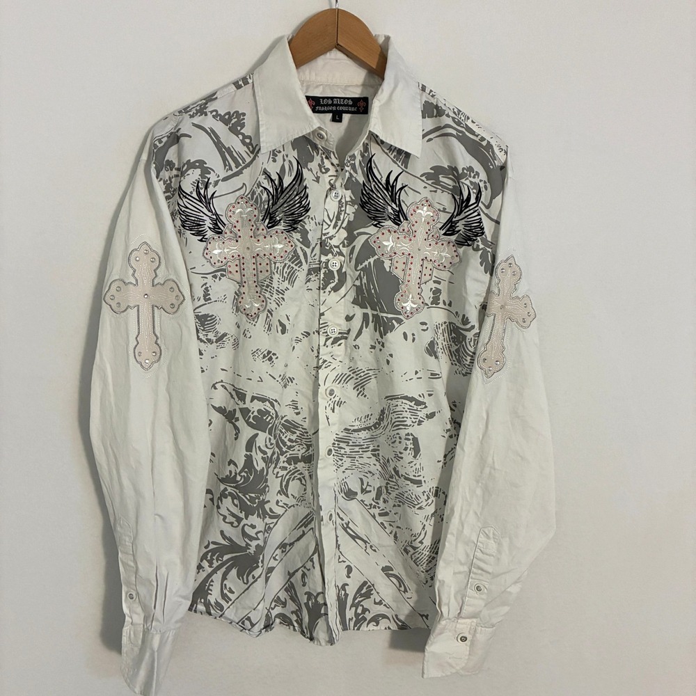 Los Altos Shirt Mens L Long Sleeve Embroidered Studded Cross Wings Y2K 2000s